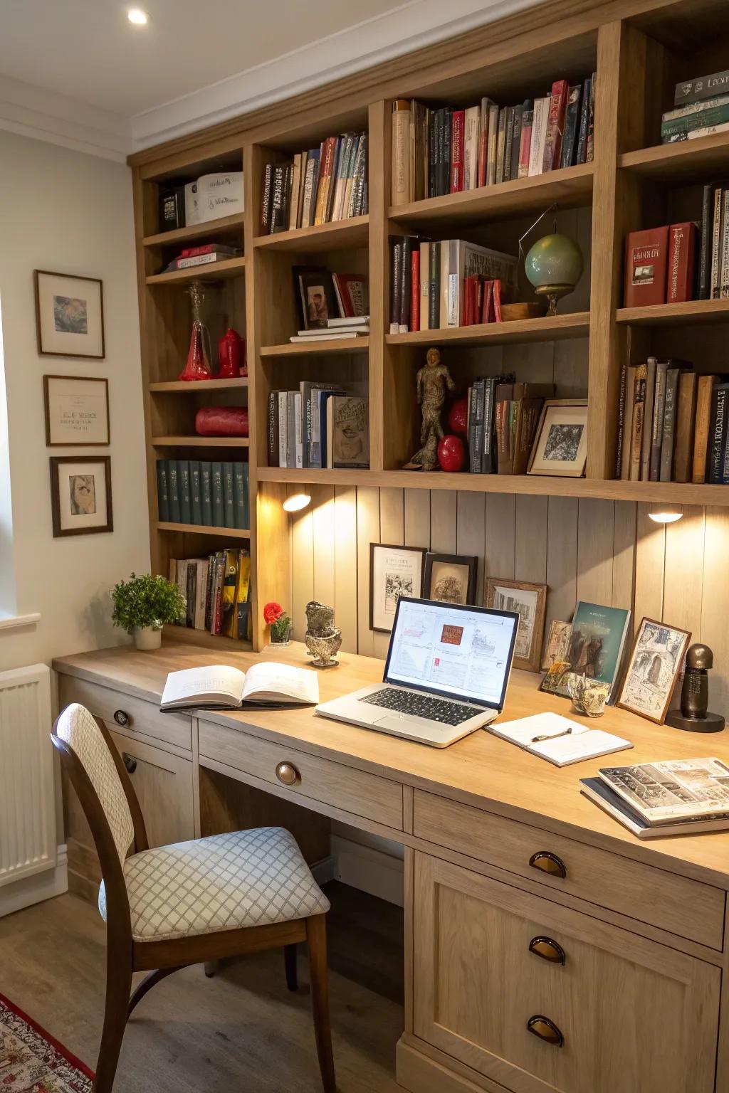 Amplify your space by combining your desk and library creatively.