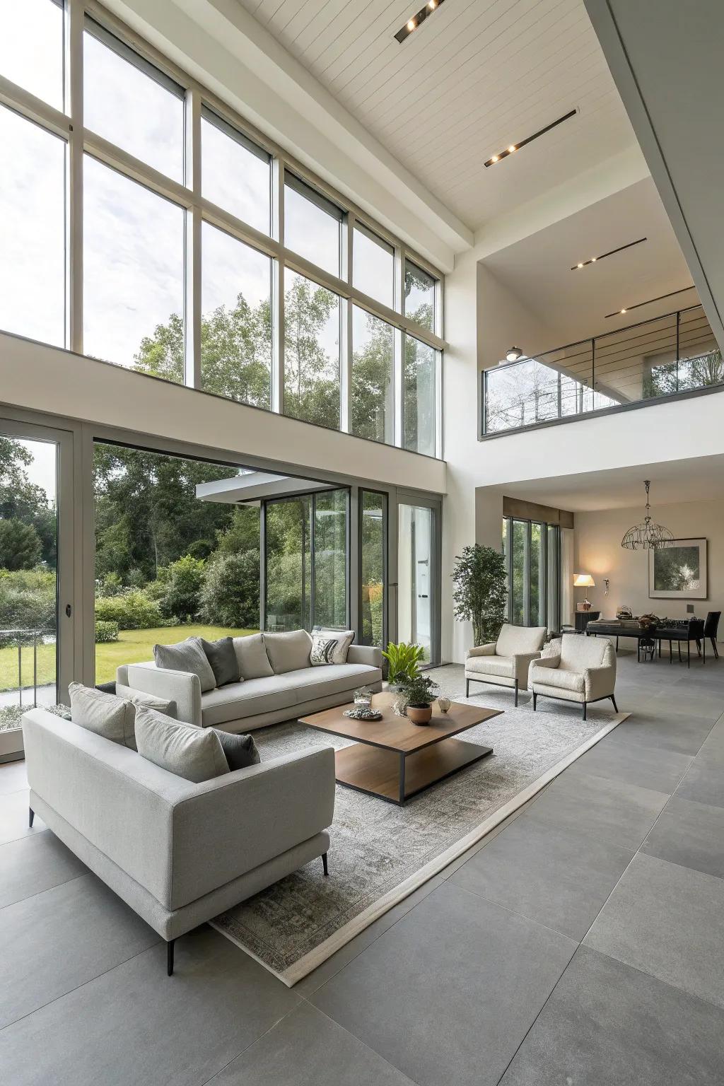 Light gray flooring acts as a contemporary foundation in this open living area.