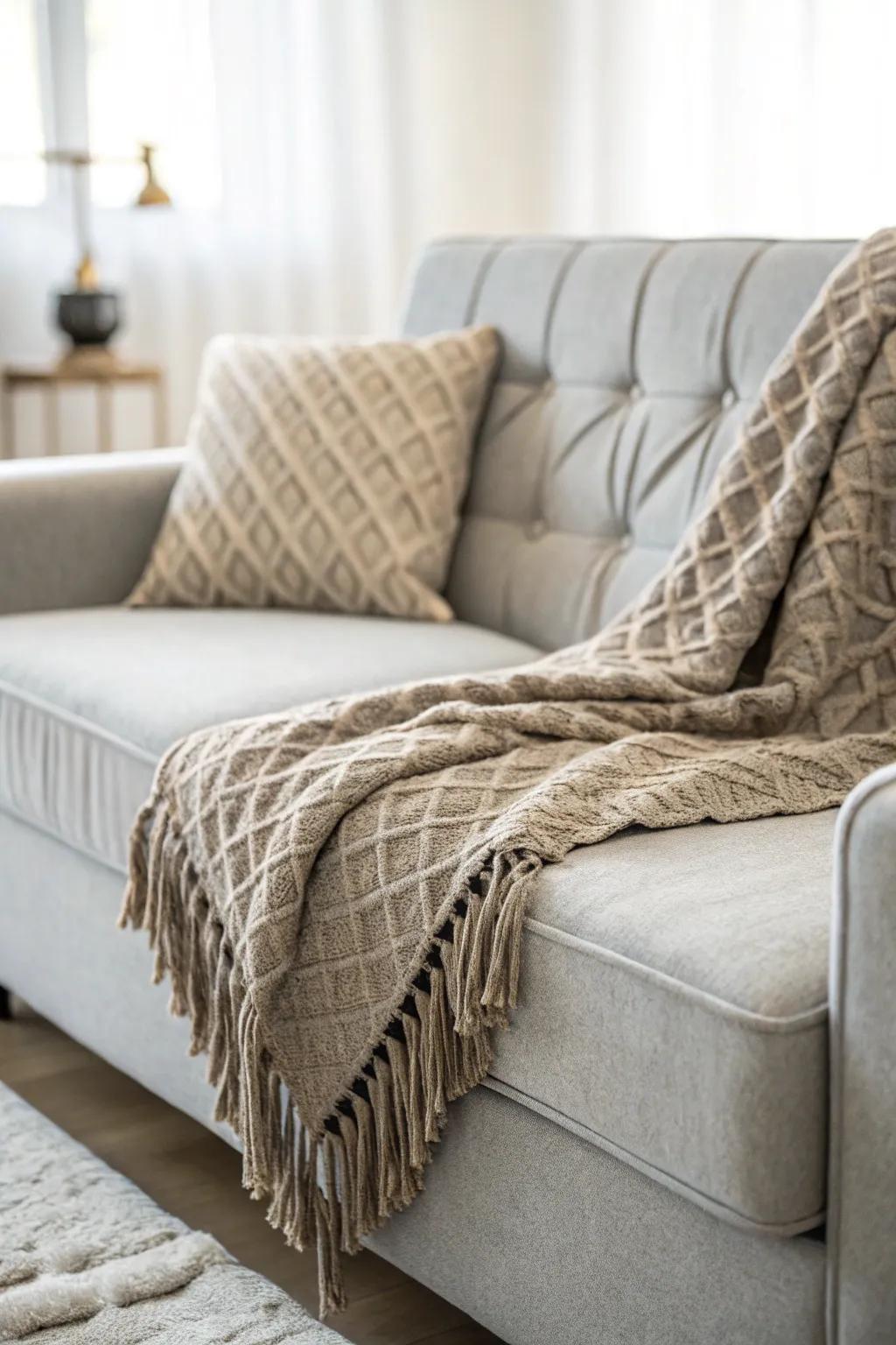A textured throw amplifies the inviting warmth and character of a light grey couch.