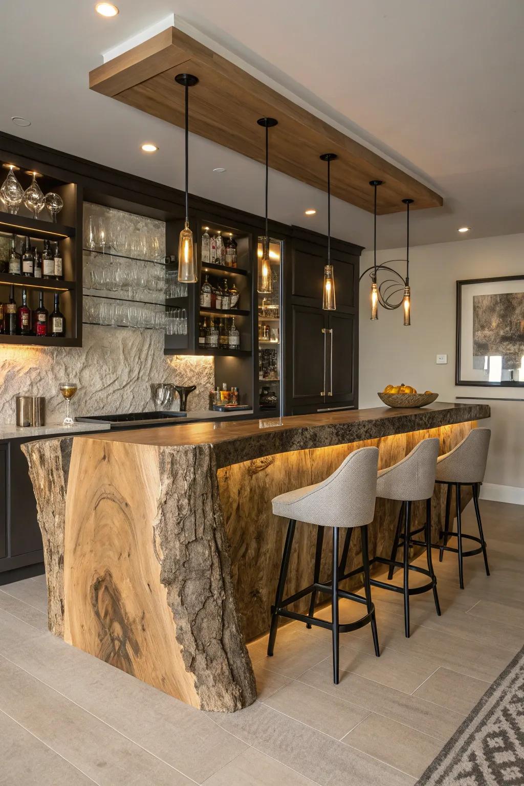 A natural-edge bar with distinctive shapes, featuring its raw creative skill in a stylish home bar.