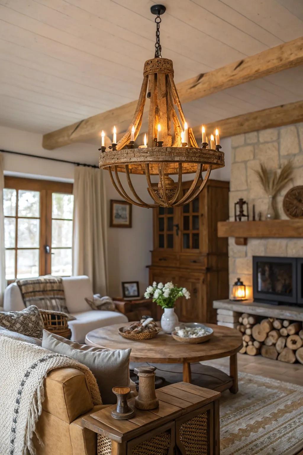 A warm living room showcases a rustic chandelier enriched with wooden details.