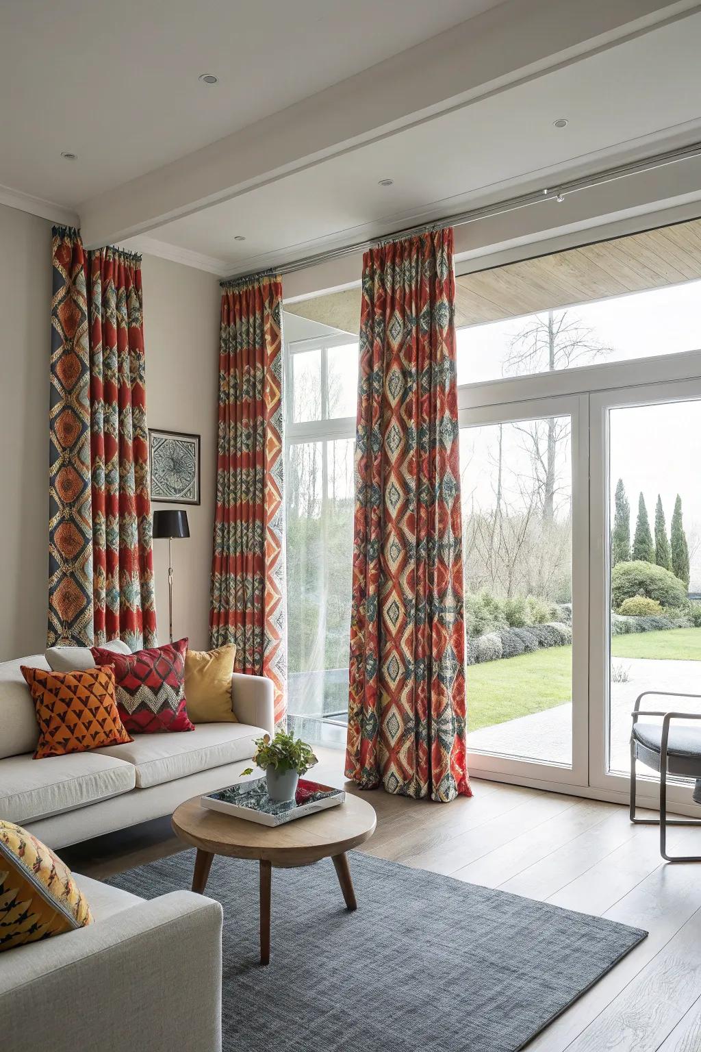 Drapes with striking designs can be a captivating focal point in your living room.