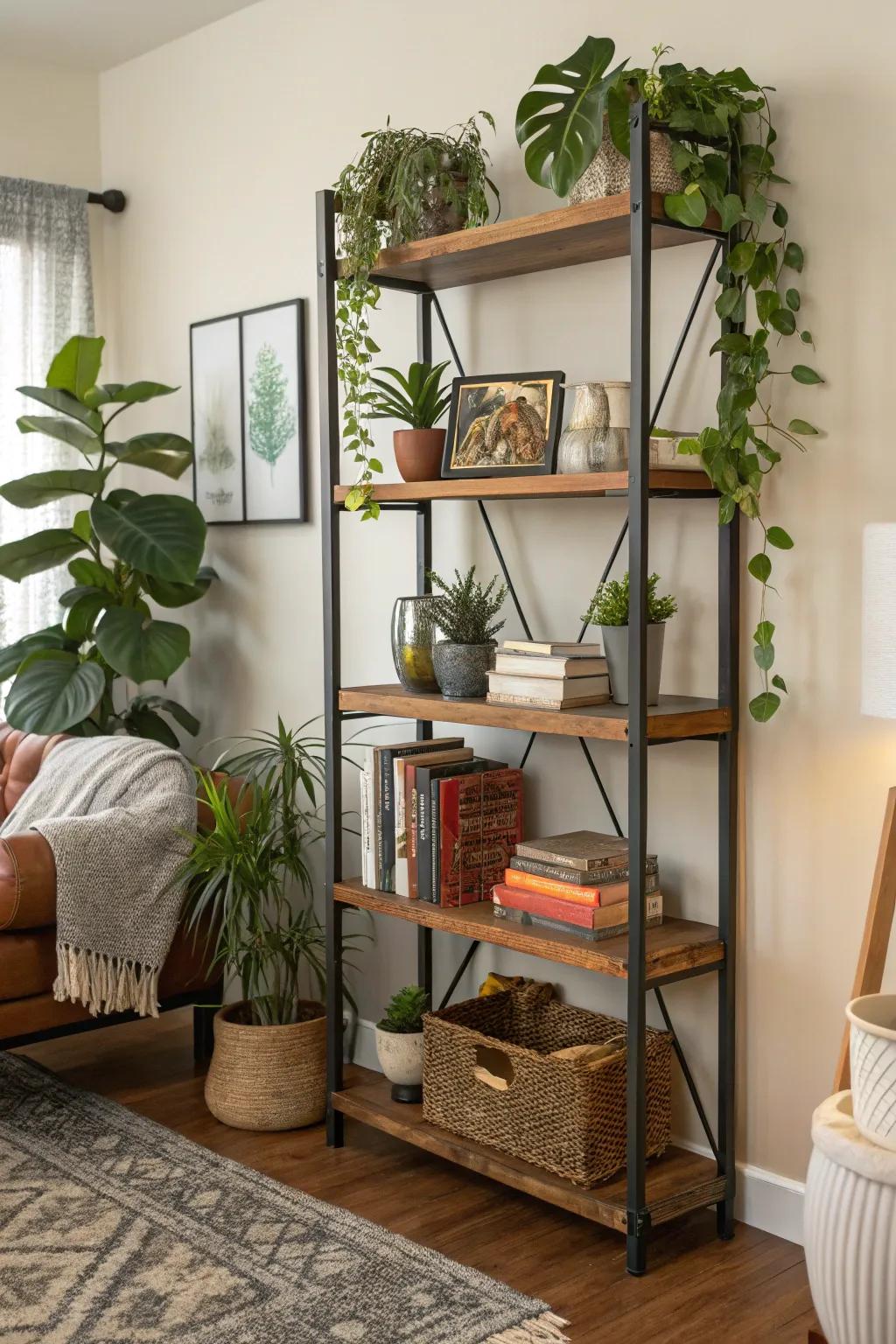 Mixed material shelves adding depth and interest.