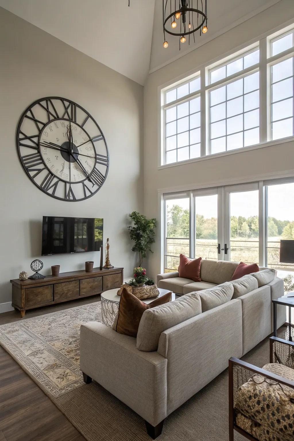 An oversized wall clock creates a strong statement in a modern living space.