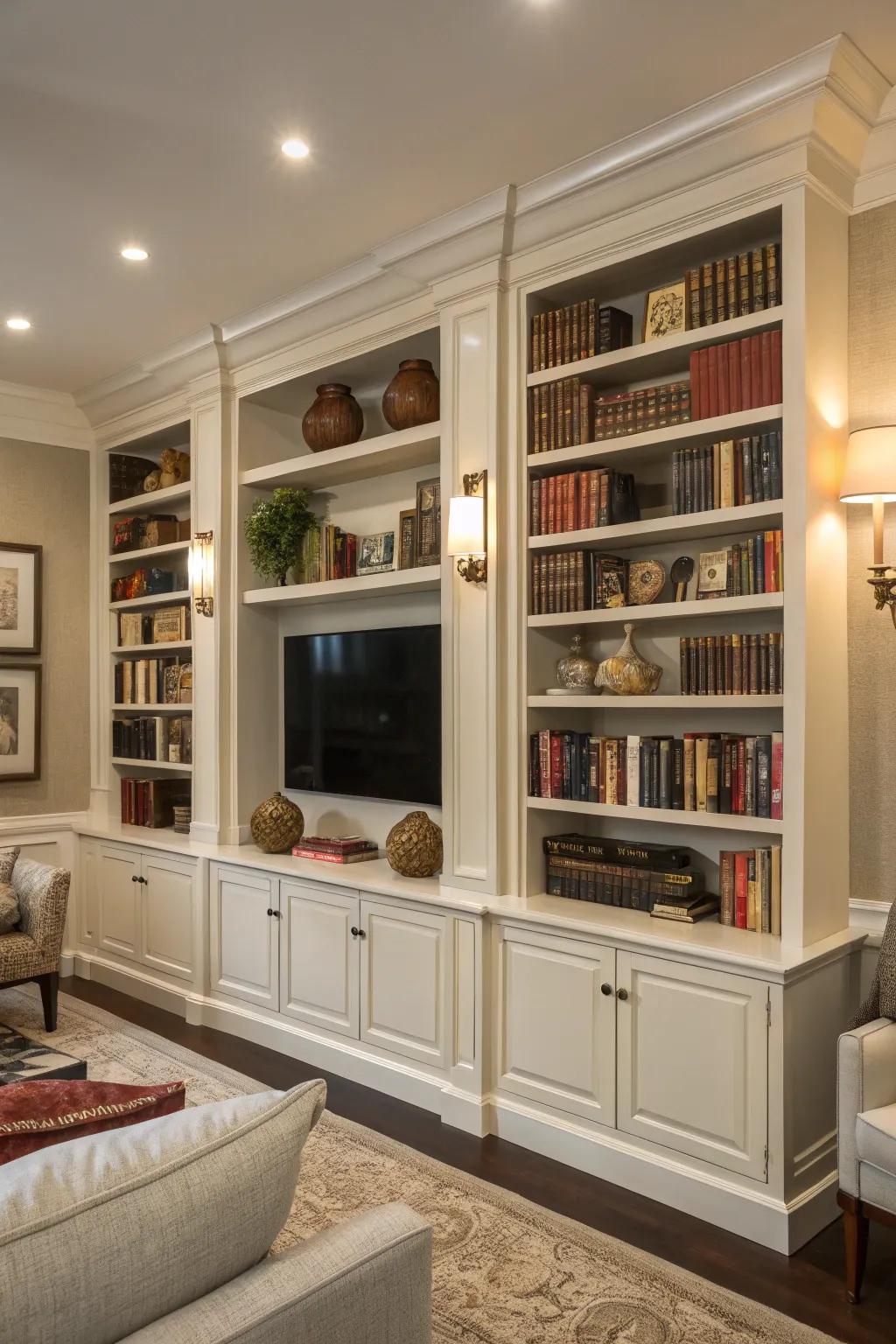 Integrated bookshelves offer a unified and sophisticated appearance.