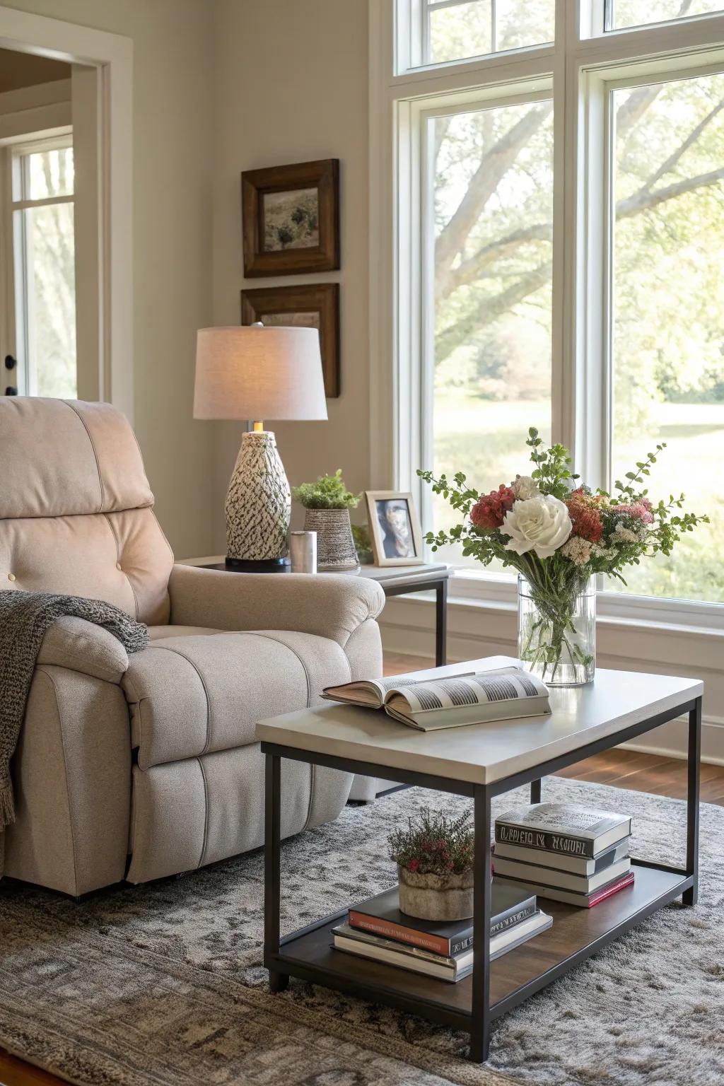 An elegant living room nook featuring a recliner and a center table.
