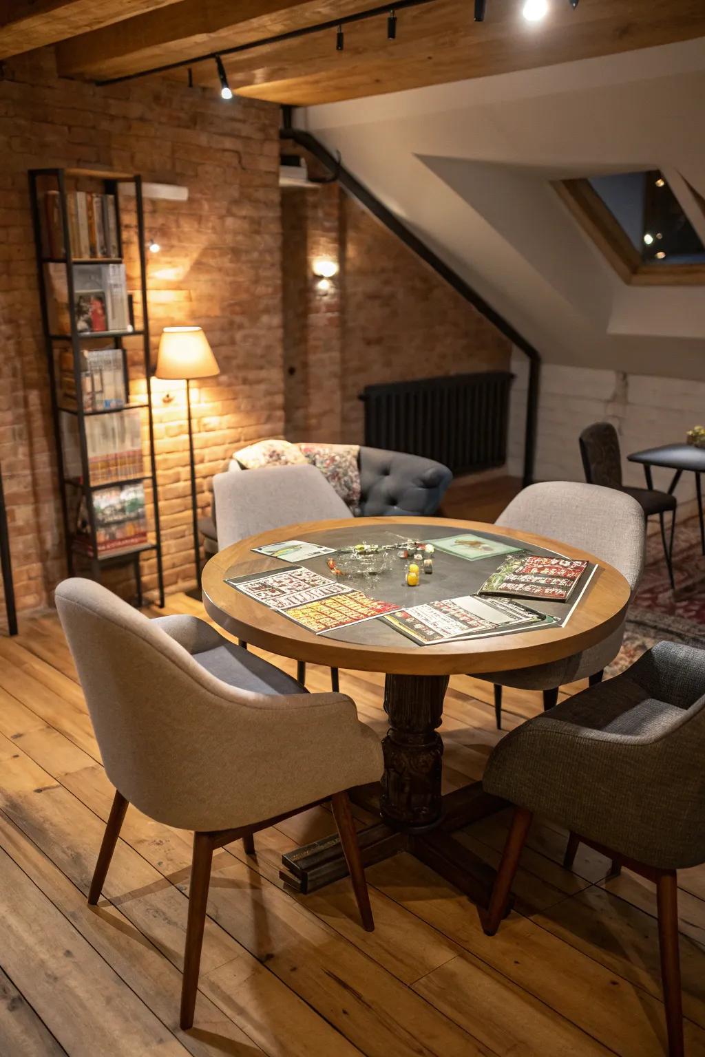 A board game corner is a welcoming space for family get-togethers and friendly rivalries.