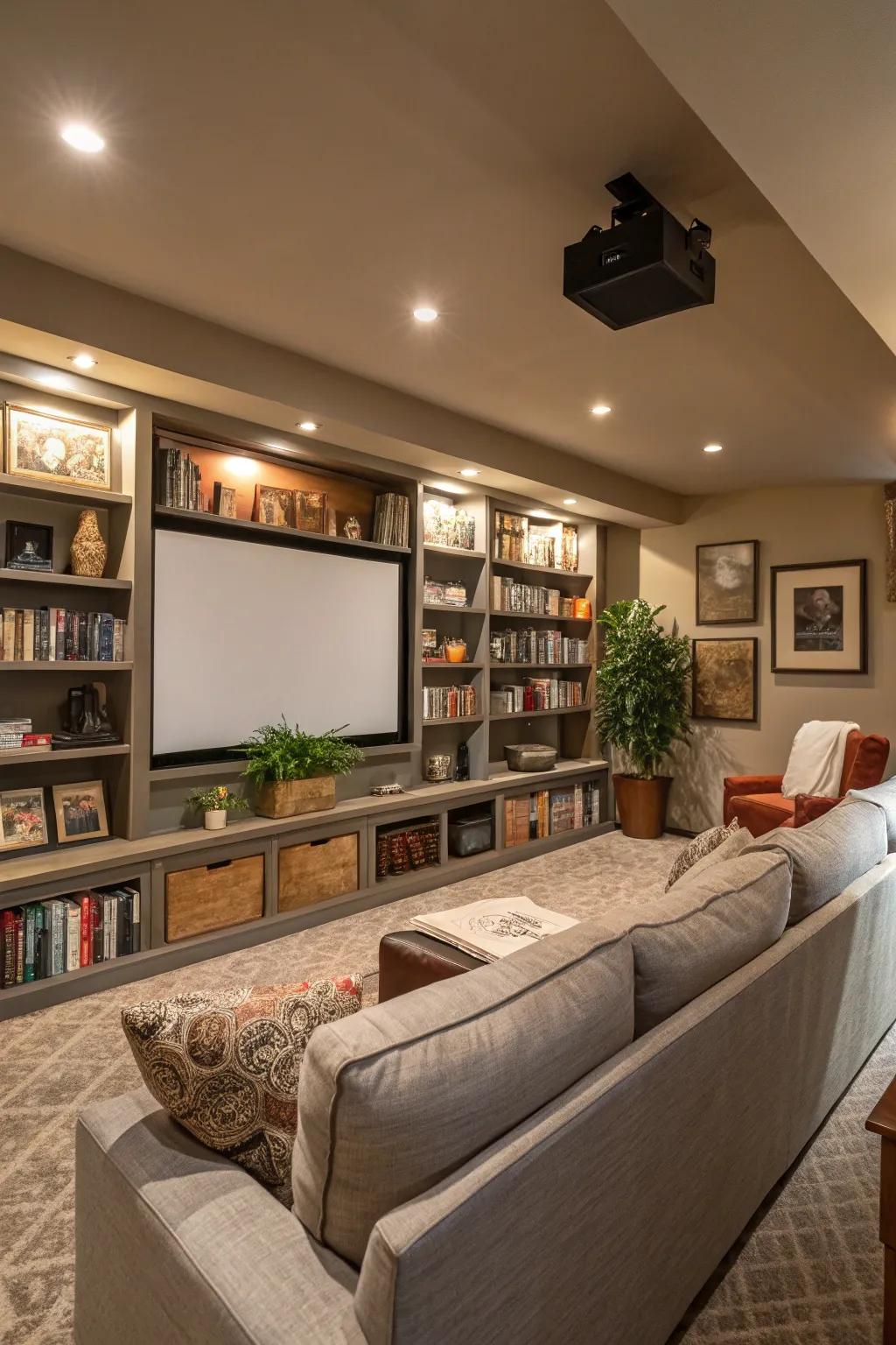 Integrated shelves keep your media space both organized and trendy.
