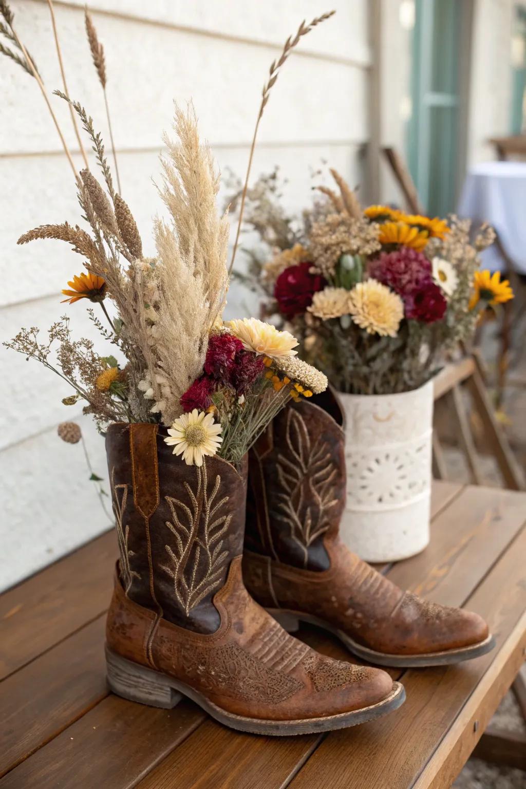 Cowboy boots converted into lovely ornamental vases.