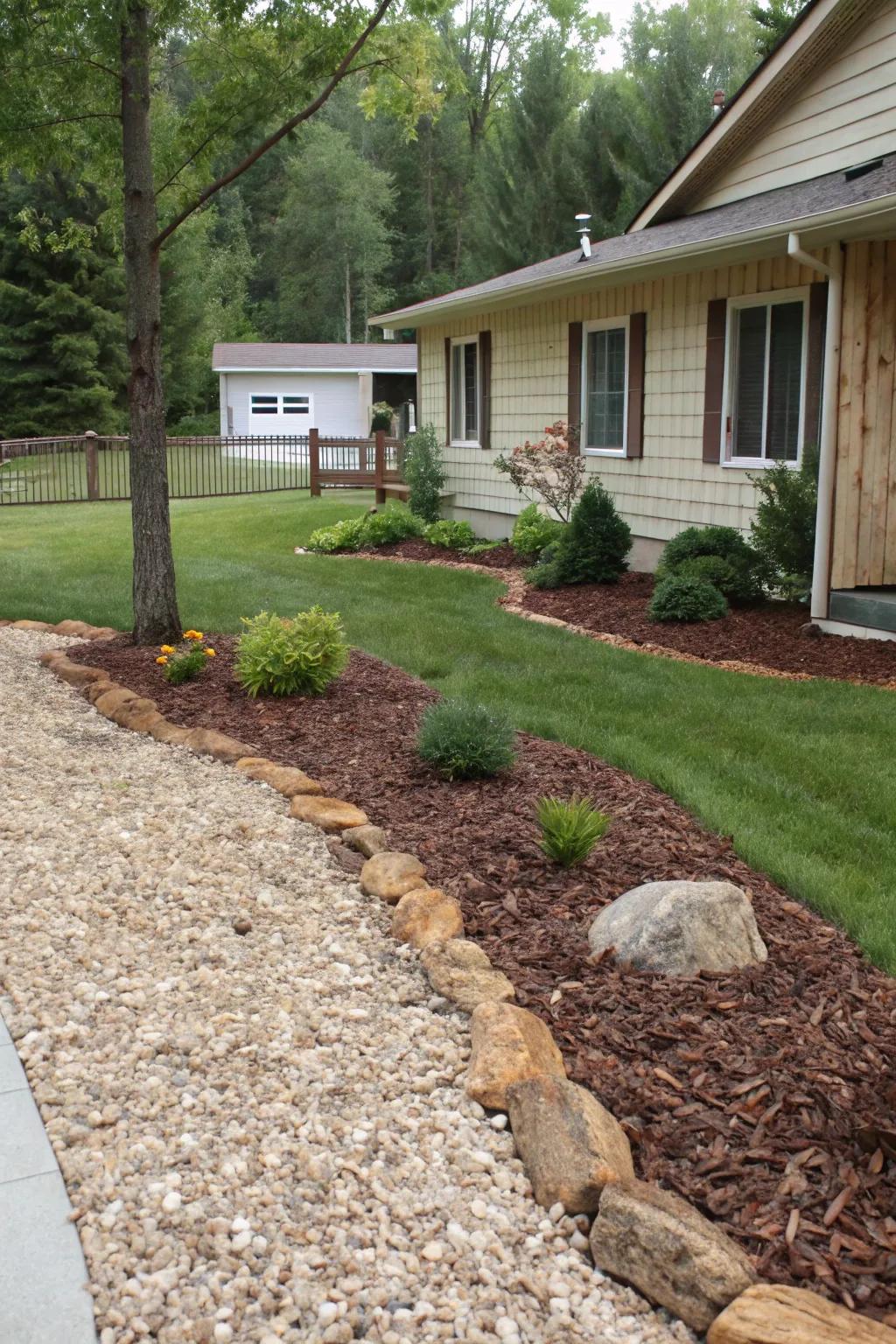 A front garden exhibiting a textured blend of organic ground cover and stones.