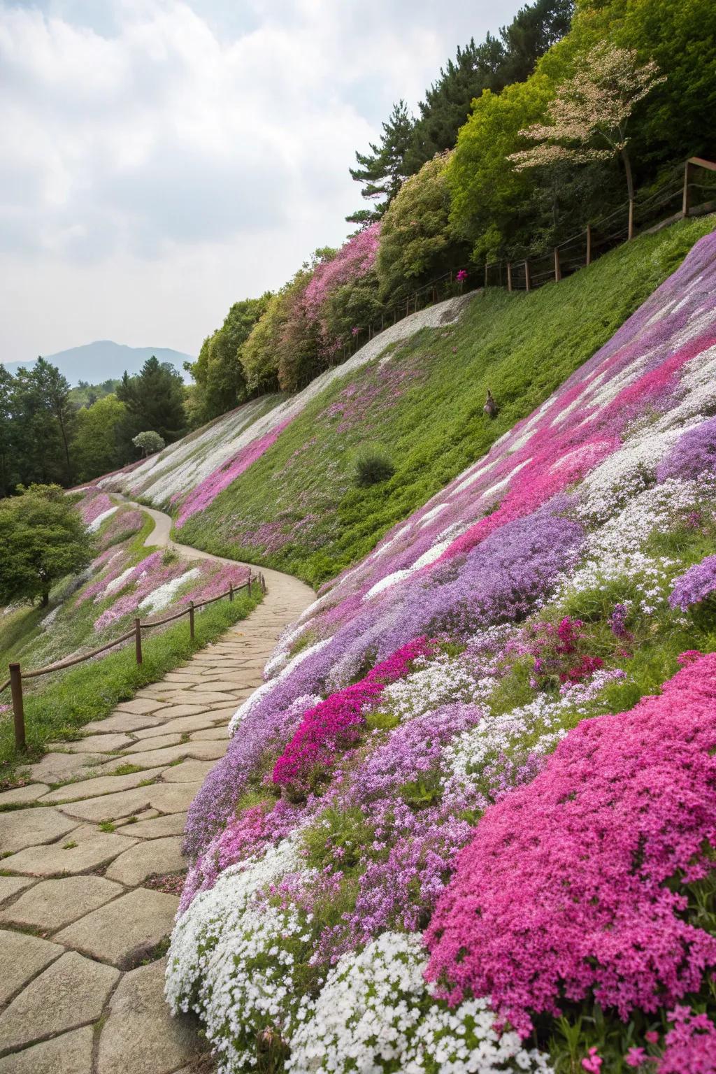 Creeping Phlox cascading down a garden slope.
