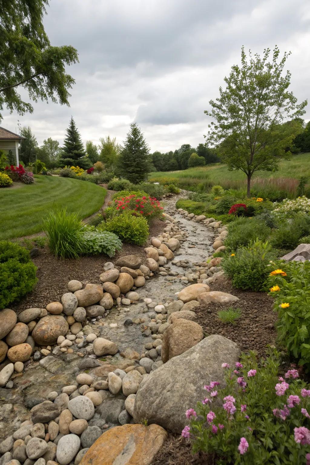Improve your space's water removal using a beautiful dry stream bed.