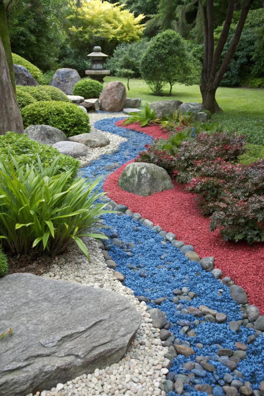 Bright stones introduce a lively element to the rock garden.