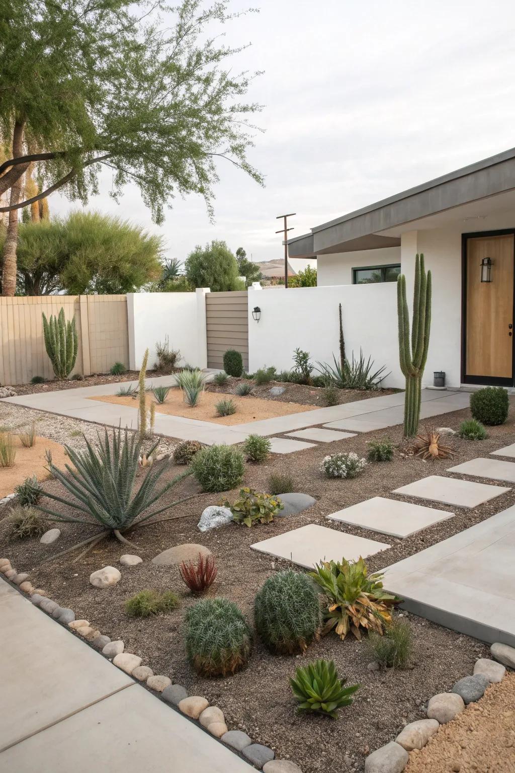 A minimalist design in a xeriscape front garden provides tranquility and simple upkeep.