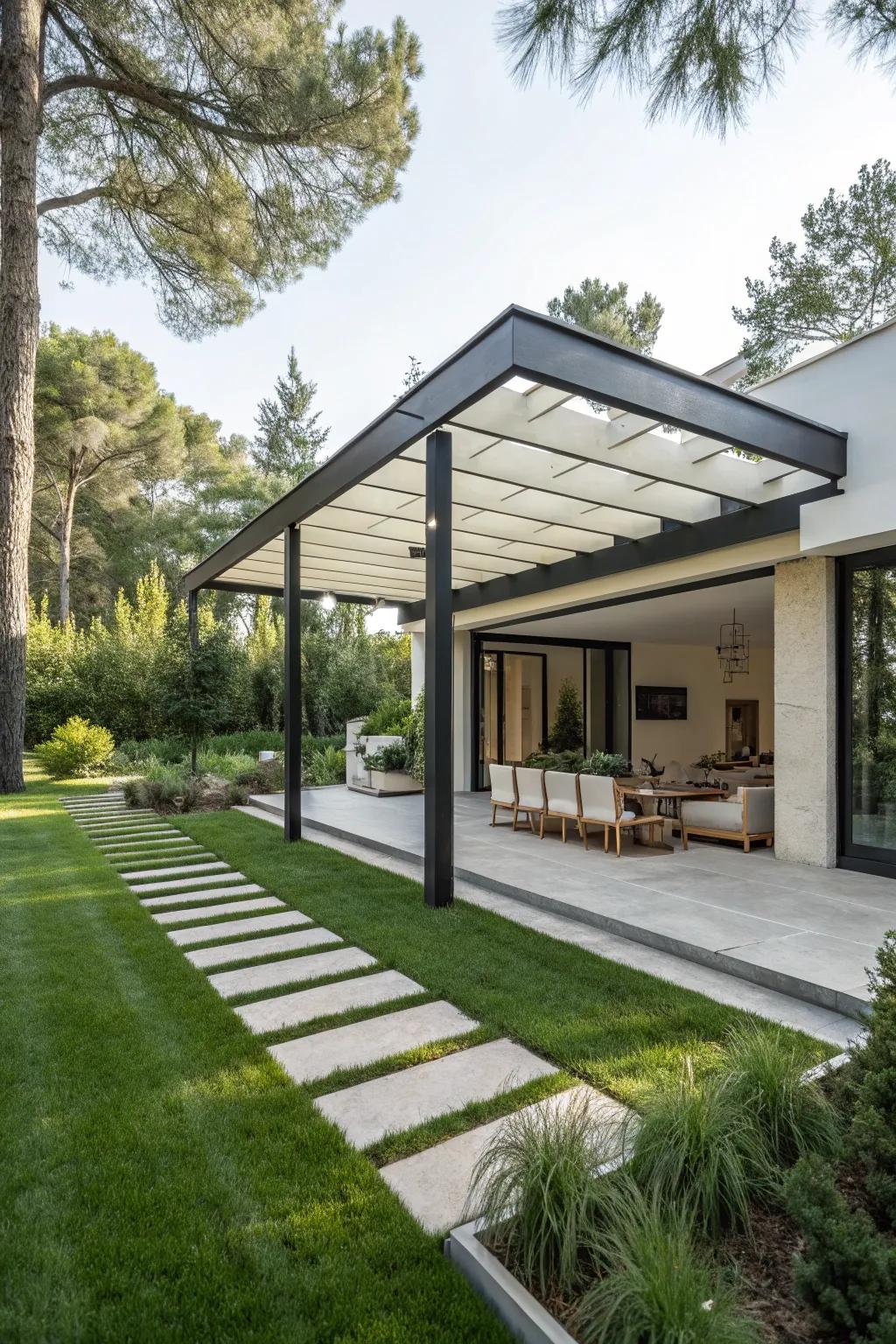 A modern architectural trellis in a luxury backyard.