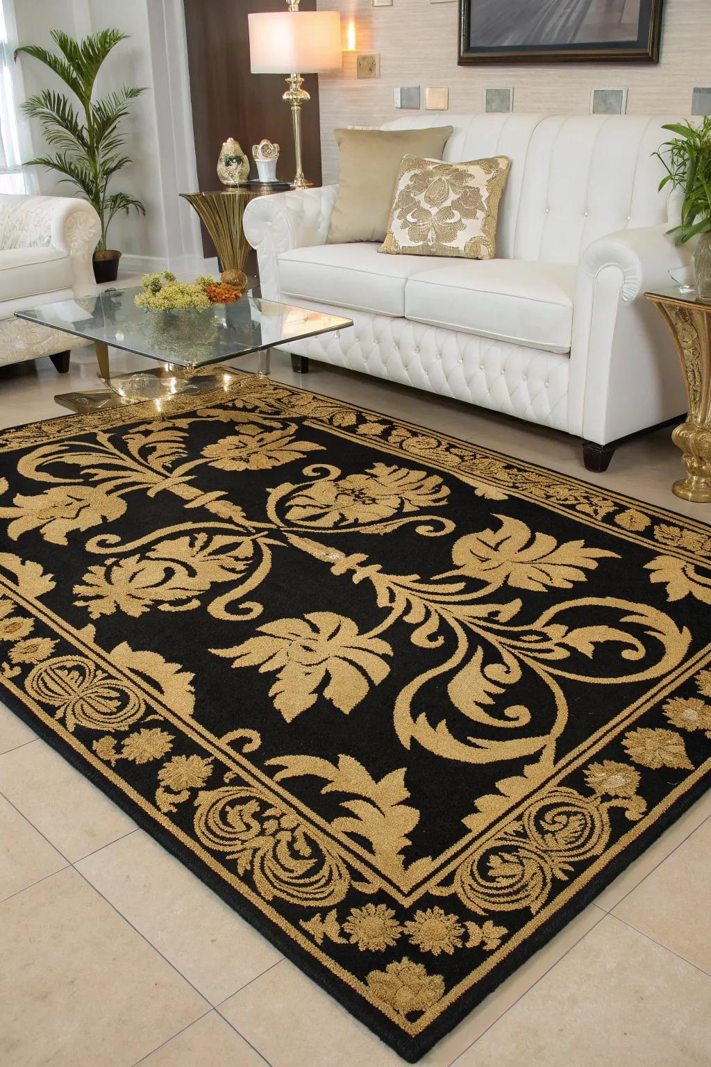 A lavish rug harmonizing the charcoal and gilded theme.