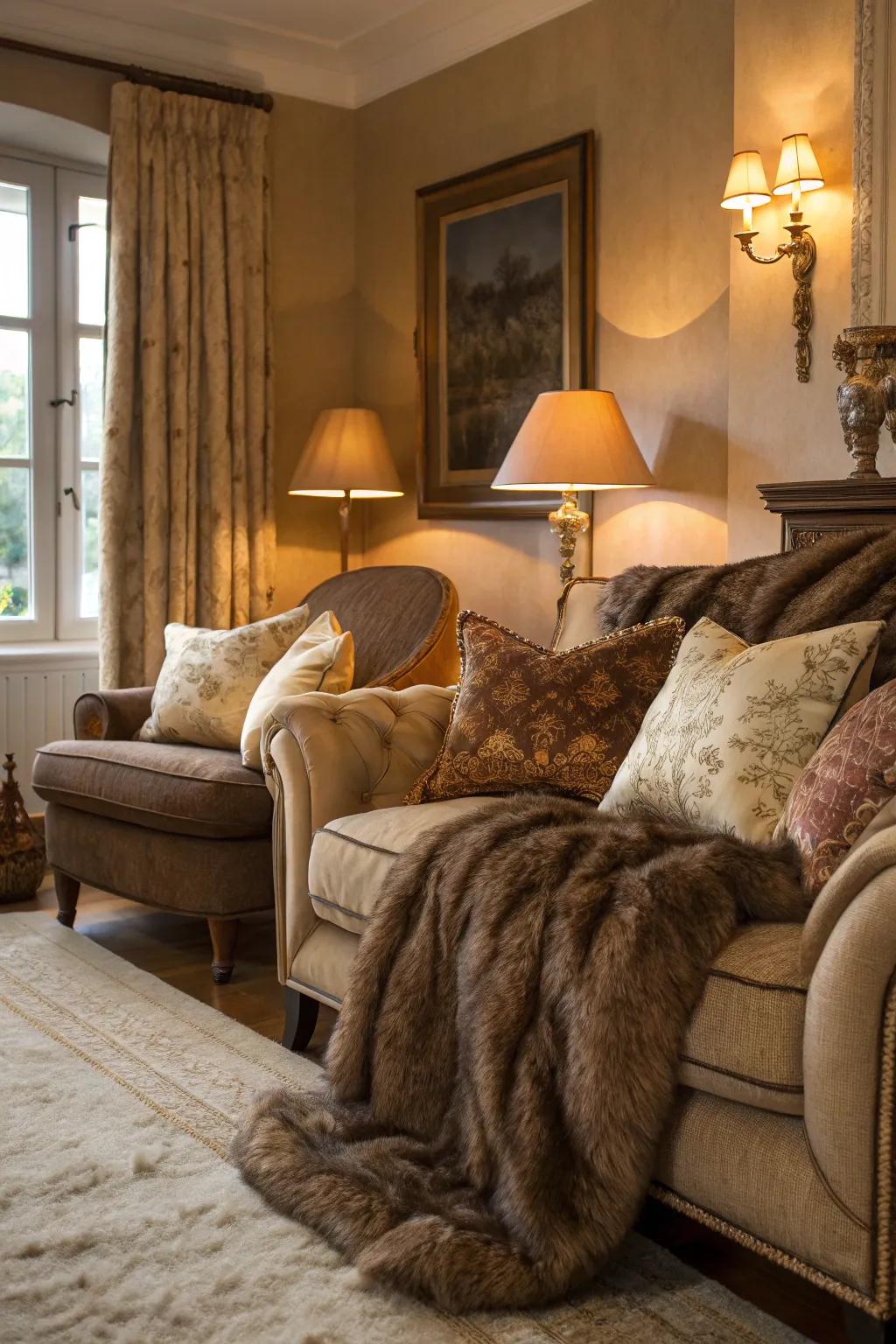 Abundant textures such as faux fur and silk enhance the luxurious feel of this lounge.