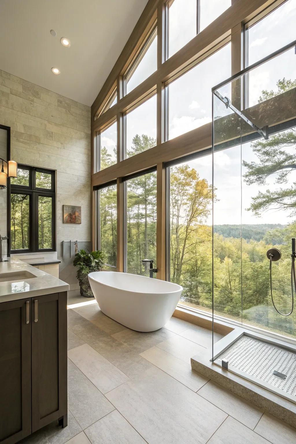 Large windows bring natural light and peace into the bathroom.