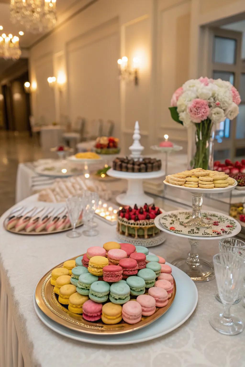 A sweet treat station showcasing macarons along with a medley of desserts.