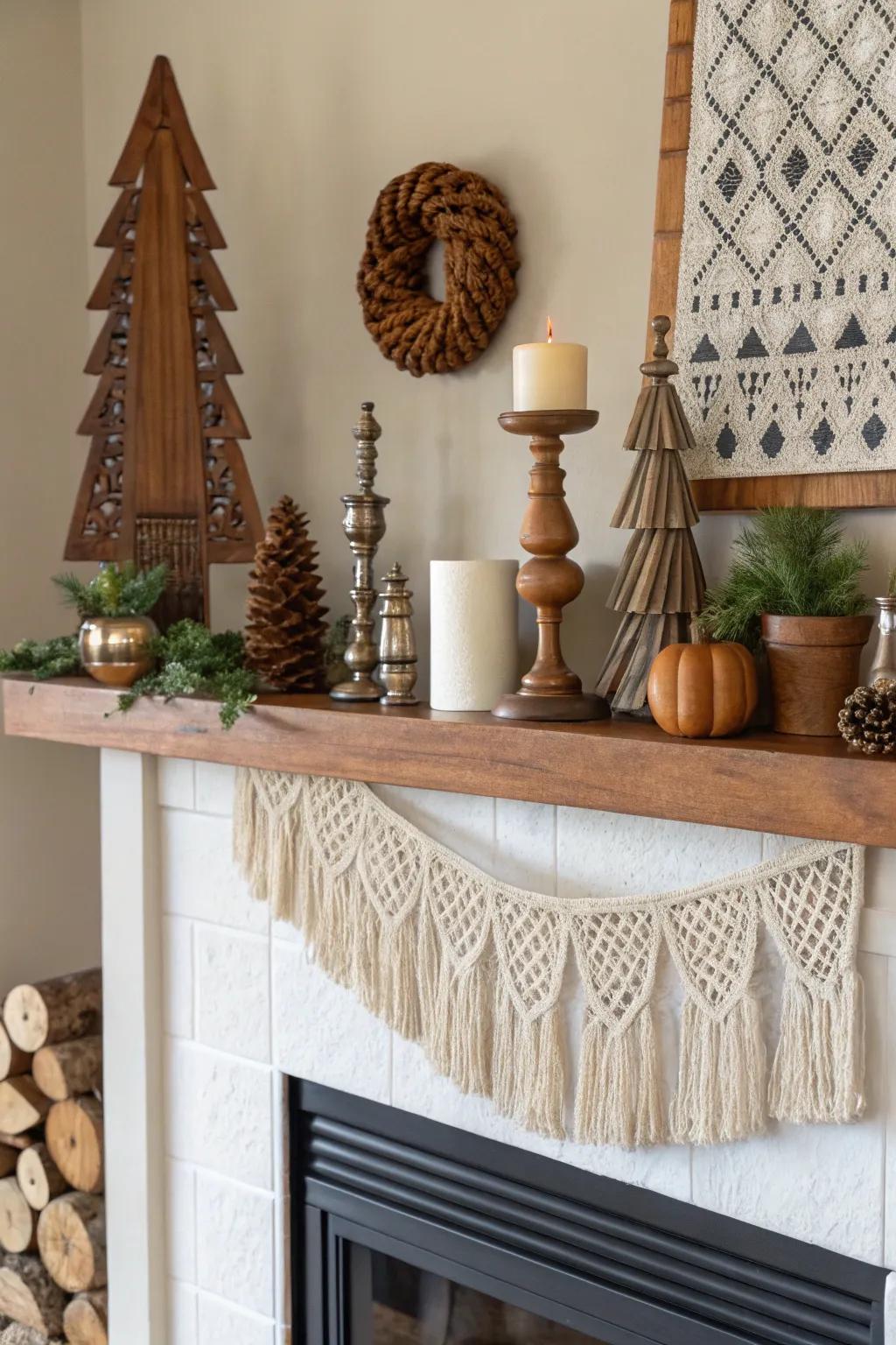 Mixing textures results in a warm and welcoming mantel.