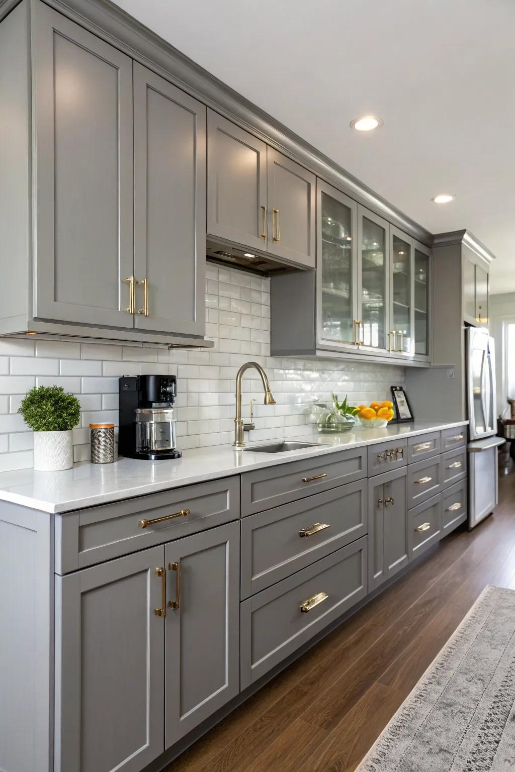 A sleek kitchen featuring slate birchwood units with contemporary highlights.