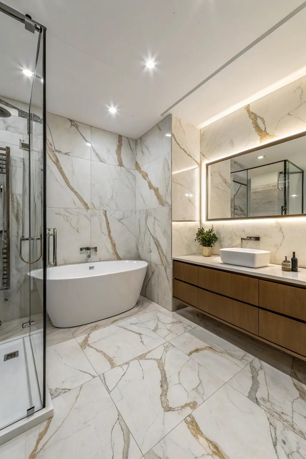 Oversized artificial marble stone surfaces create a cohesive and expansive bathroom space.