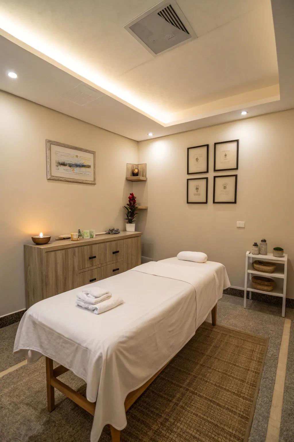 A simple massage space with tidy design and simple decor.
