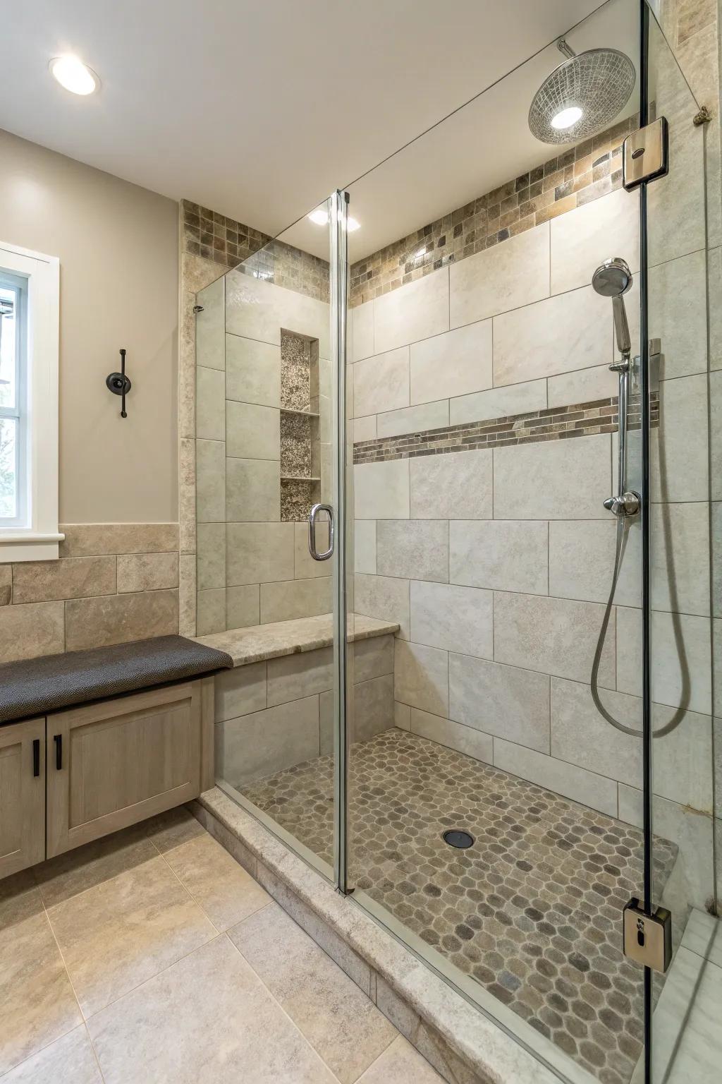 A walk-in shower equipped with a comfortable built-in seat.