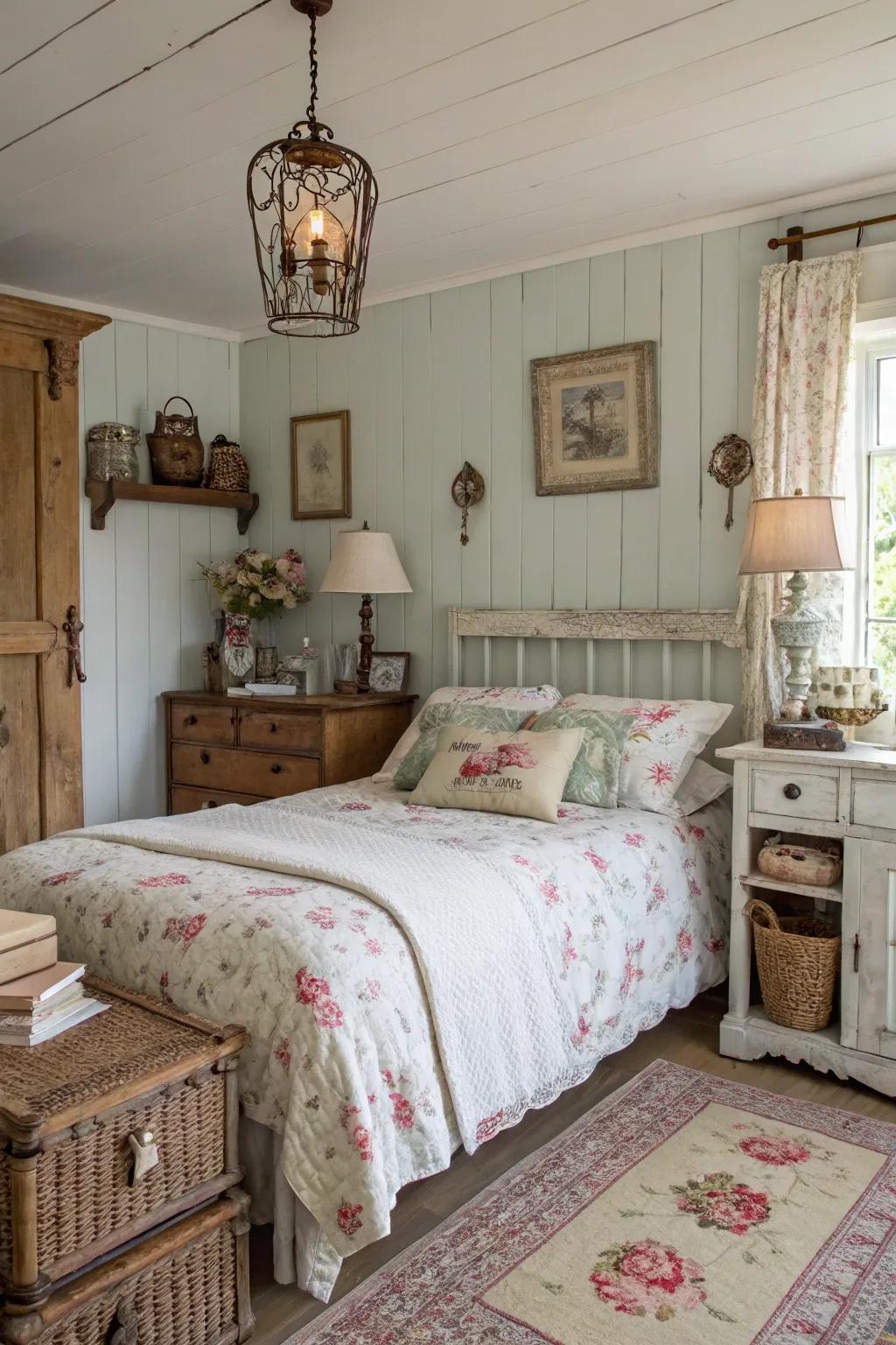 Vintage allure through distressed-chic decor in a country-style bedroom