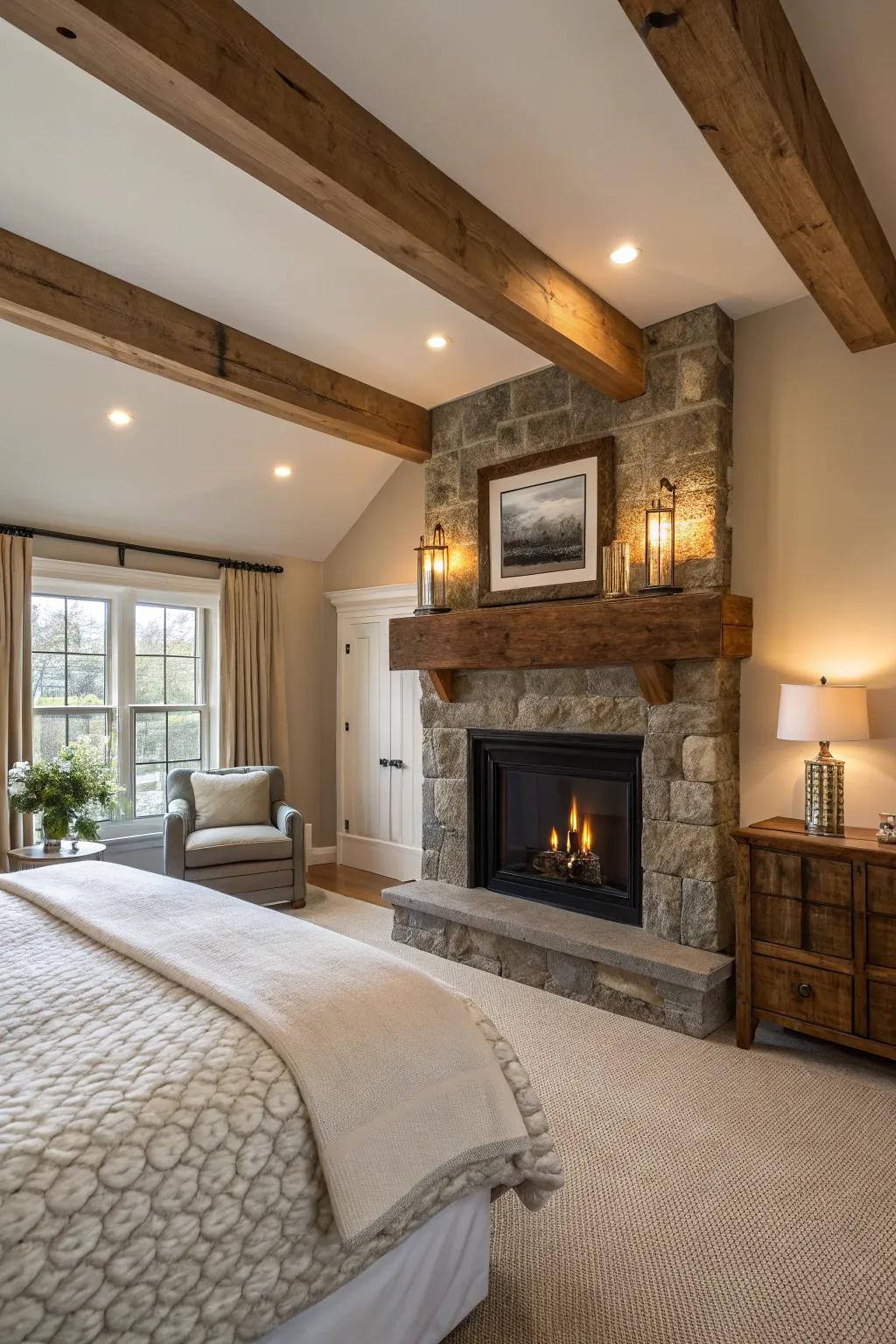 Country-style appeal is amplified using a restored timber support over the hearth.