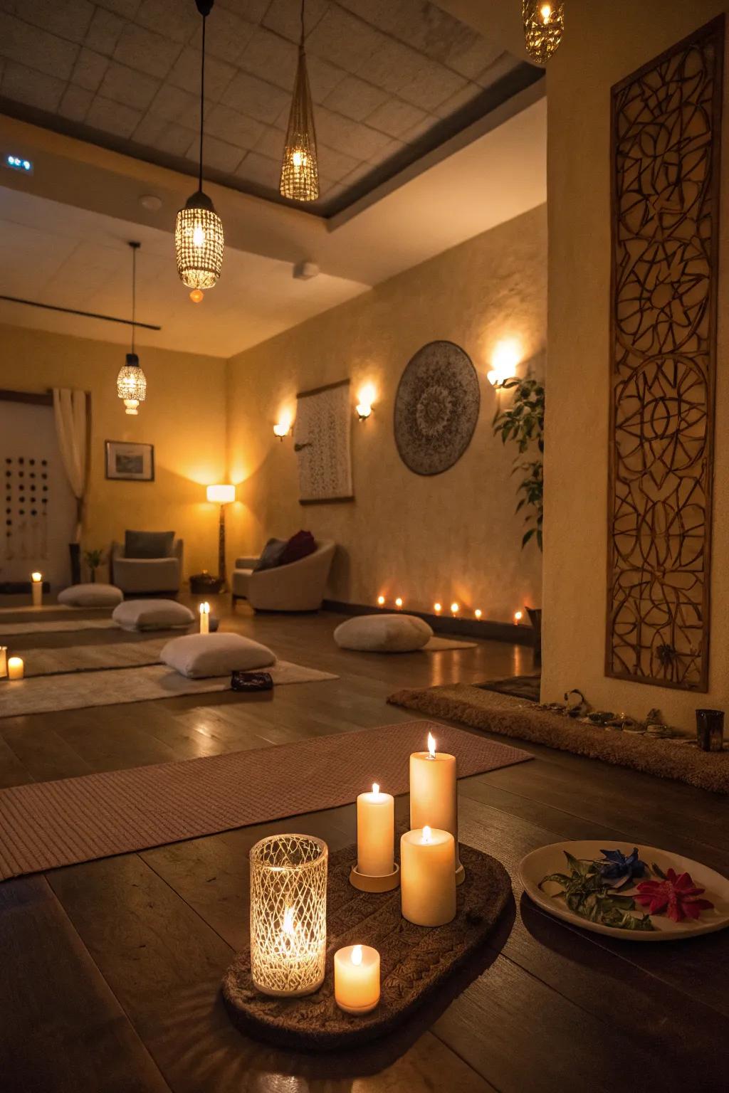 A meditation room featuring ambient illumination from tapers and lamps.