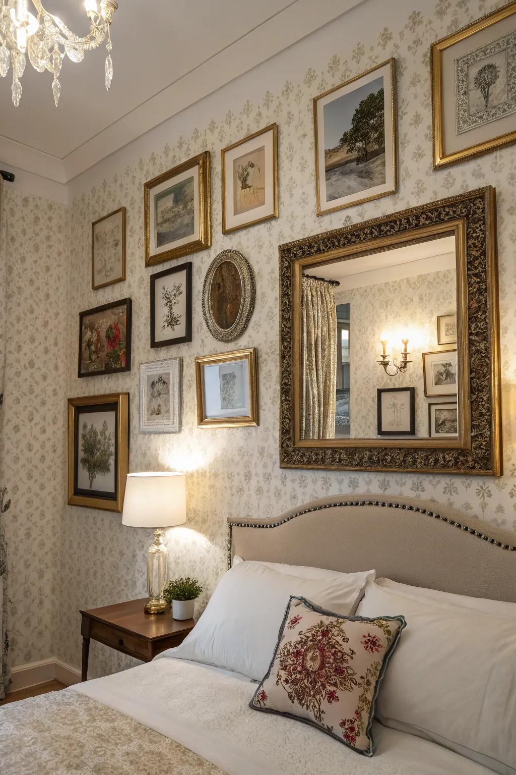 A boudoir wall adorned with encased art and looking glasses.