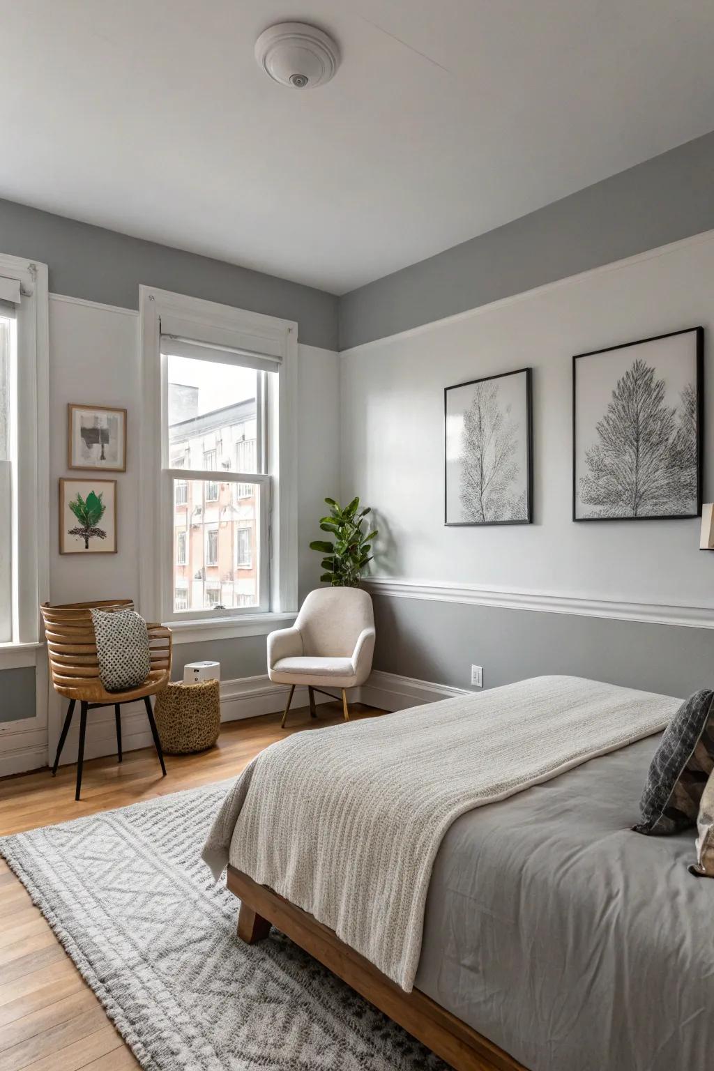 Two-tone walls create a contemporary contrast in this grey-themed bedroom.