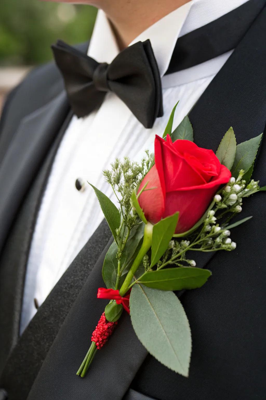A vivid scarlet blossom boutonniere evokes a romantic declaration.