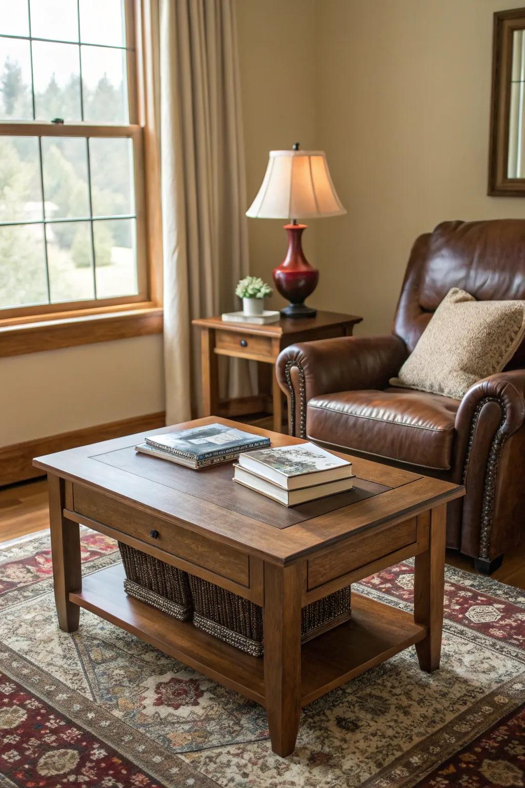The richness of textures like wood and leather deepens the ambiance of the space.