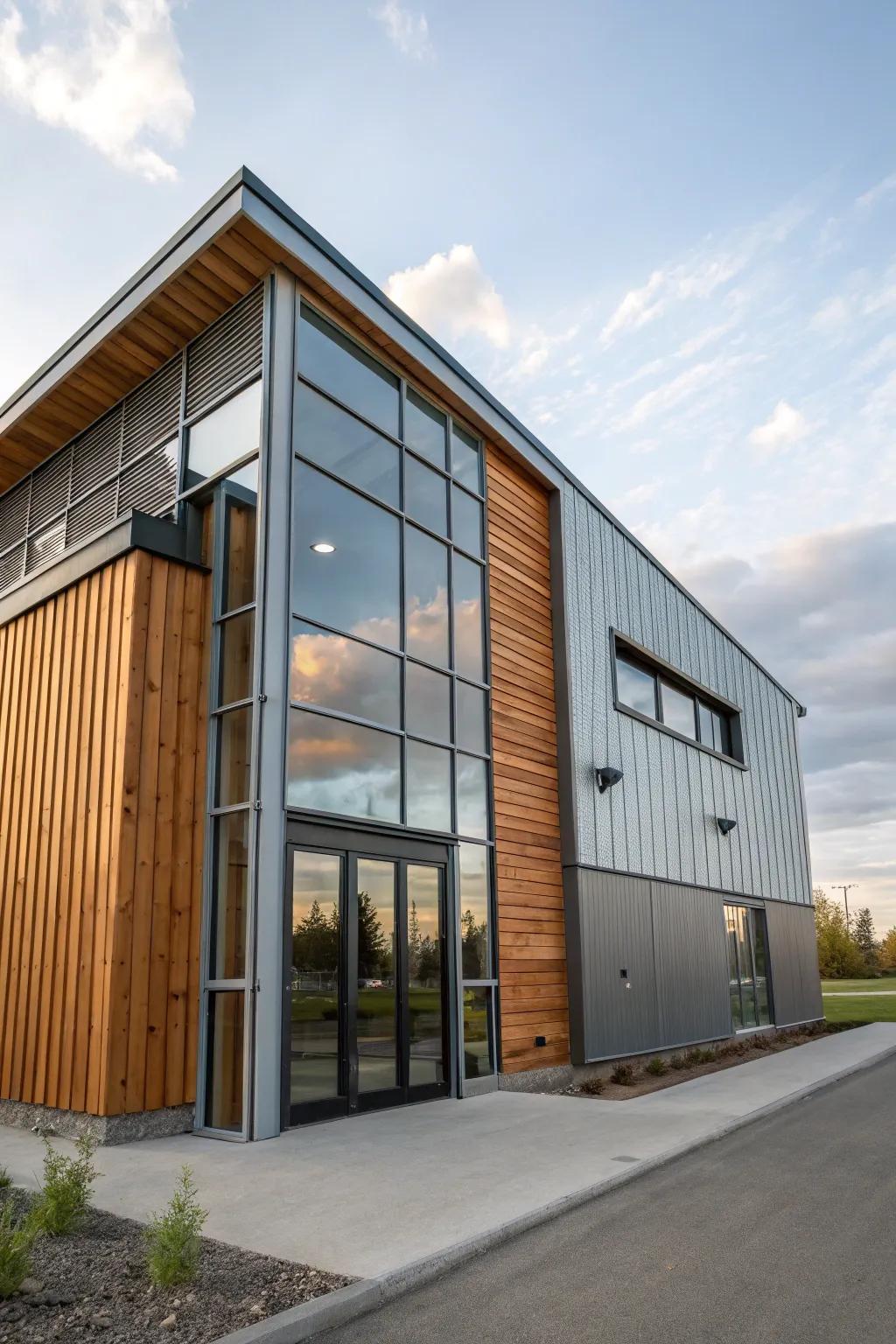 Blended materials construct an energetic and inviting building surface.
