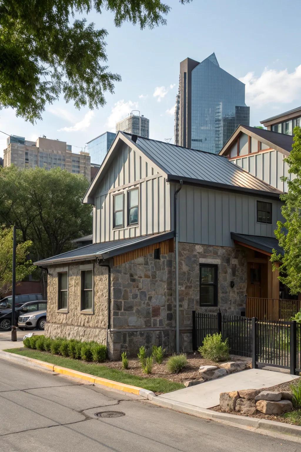 A city home skillfully combines metal cladding with stone features, enhancing its overall texture.