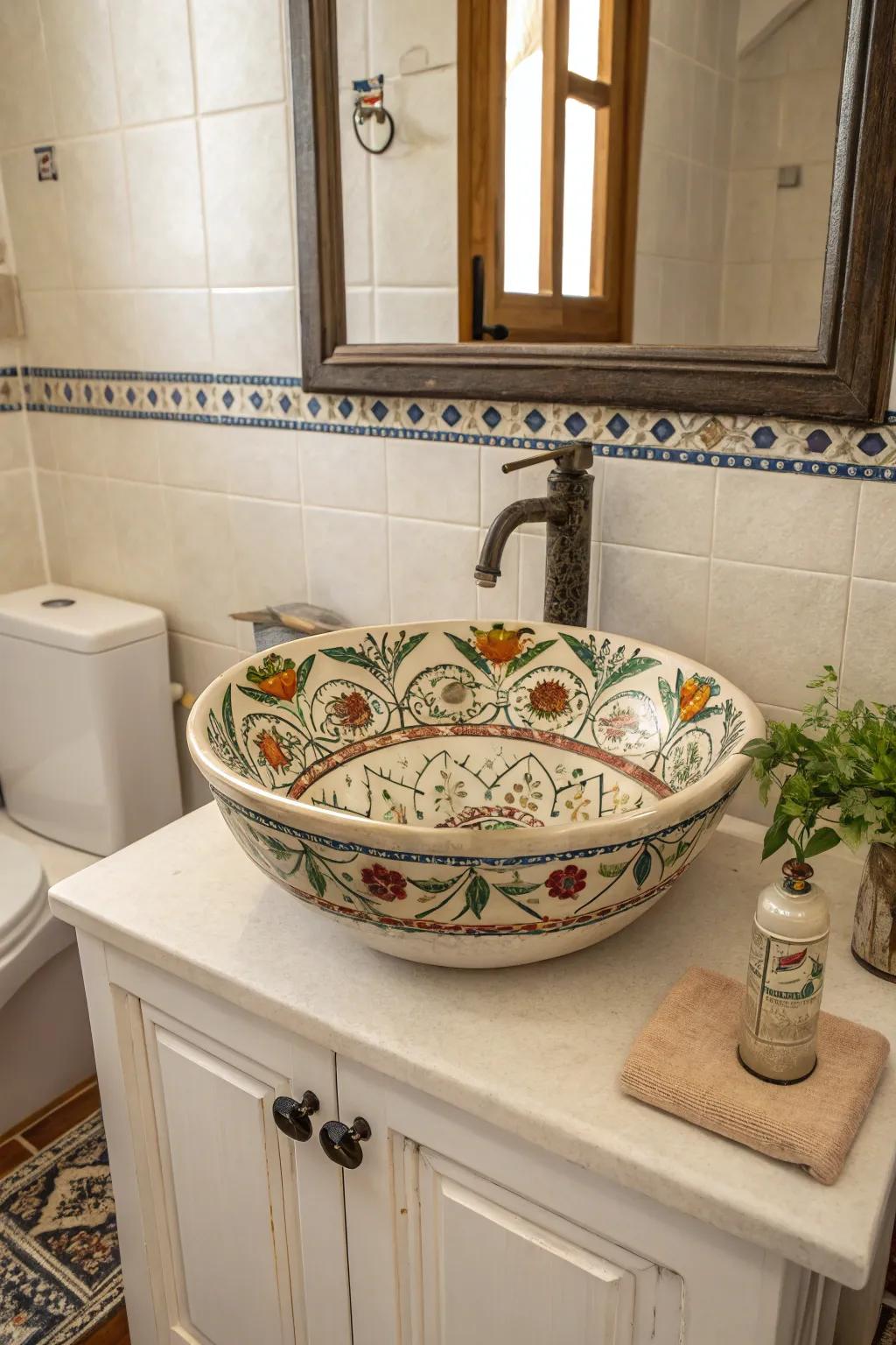 A stunning bespoke painted sink as the main point of interest.