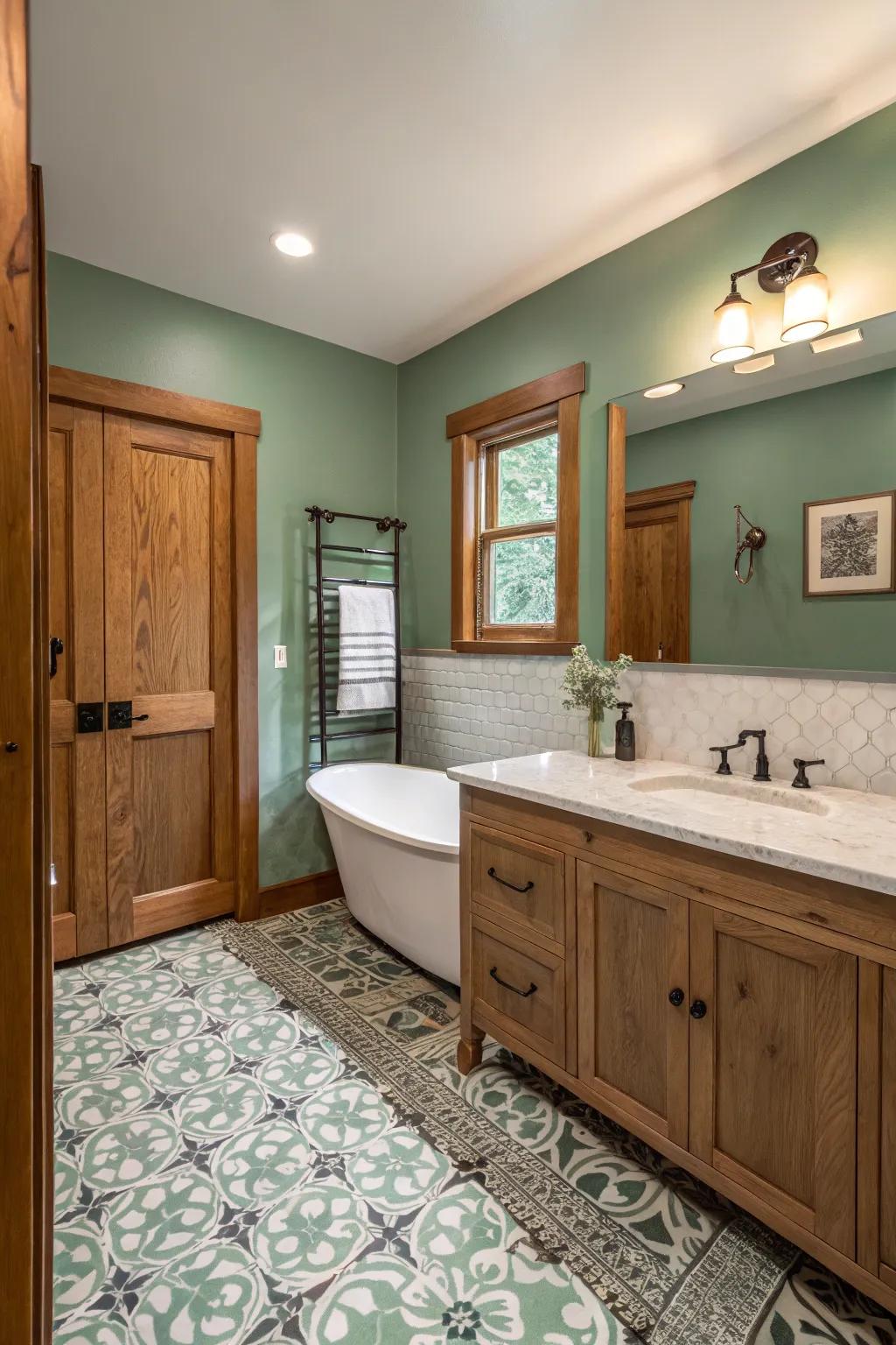 Gentle green walls deliver a soothing setting for this mid-century area.