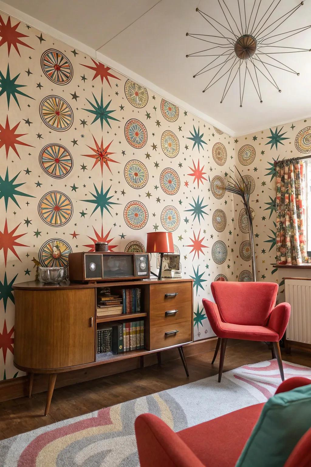 Area showcasing wall covering with nostalgic atomic compositions.