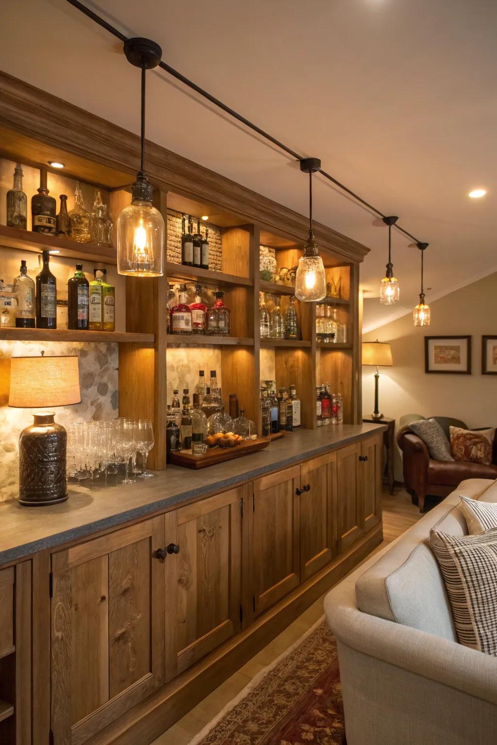Subtle lighting brings warmth and appeal to a home bar arrangement.