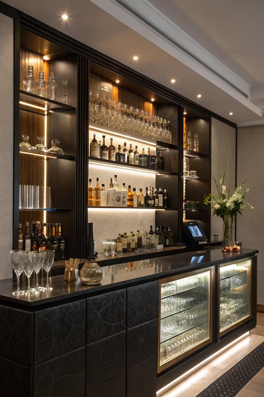 Spotlights highlight key aspects of the home bar.