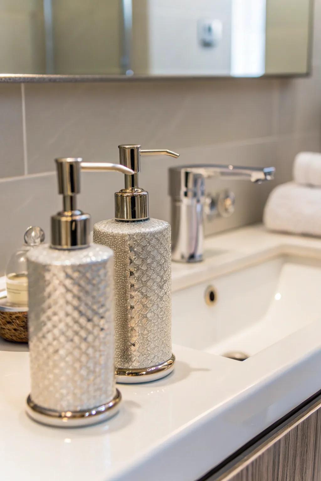 Coordinated liquid containers contribute an elegant touch to the bathroom's design.