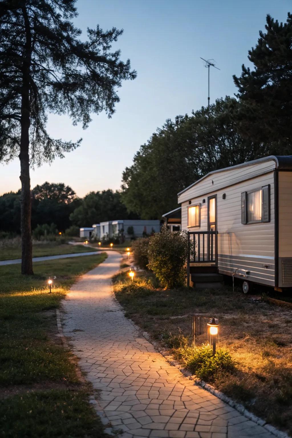 Solar pathway lights producing a pleasant glow beside a mobile home’s walkway.