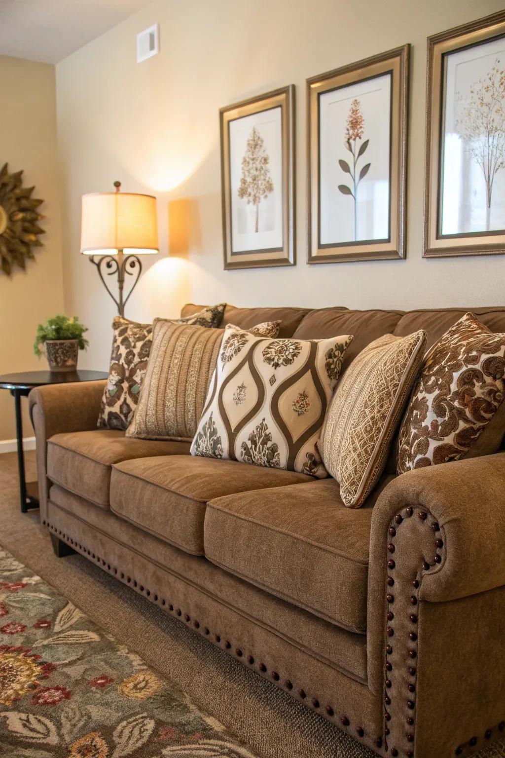 Ornamental embellishments impart character to the cocoa-colored sofa zone.