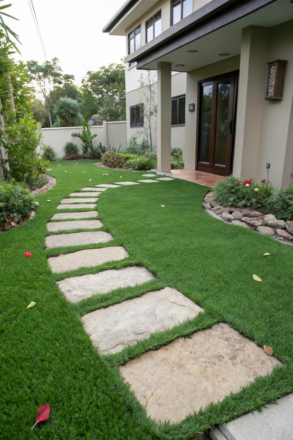 Appealing stepping stones produce a whimsical route across the artificial grass.