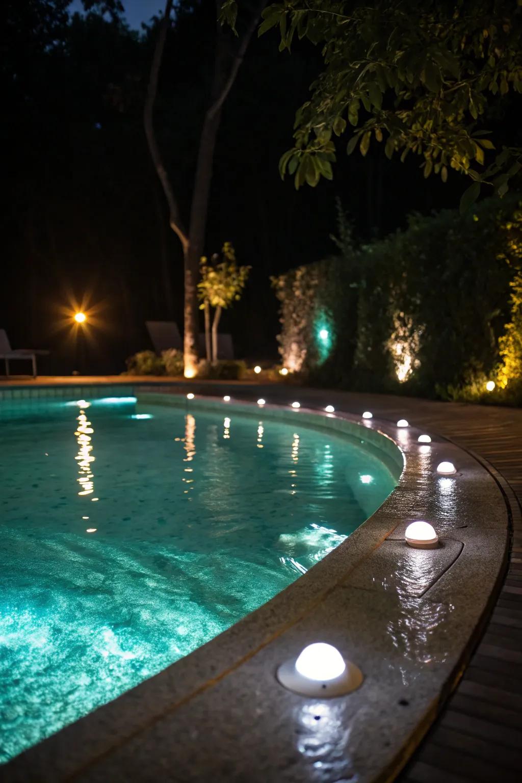 LED lighting transforms your pool into an idyllic nighttime setting.