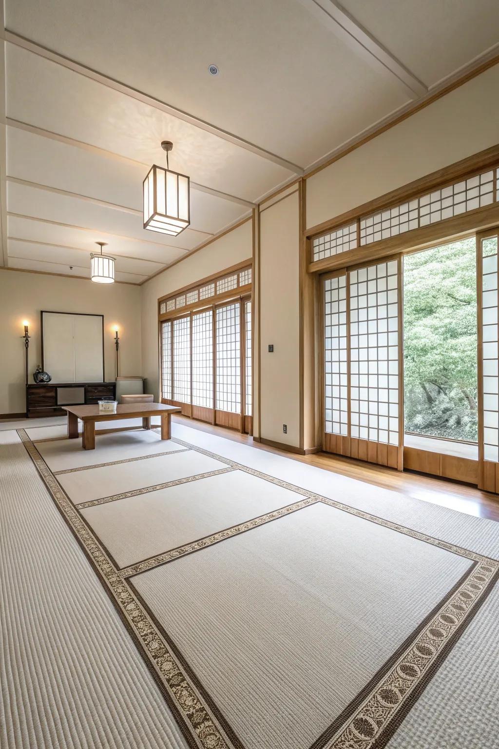 A minimalist room featuring a floor covering with a simple design, emphasizing clean lines