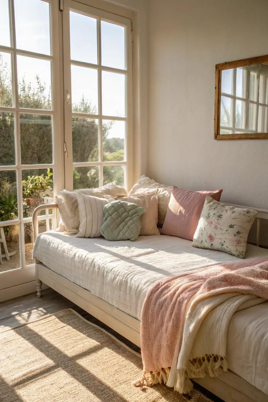 A daybed set up to let in sunlight, enhancing the room’s airy feeling.