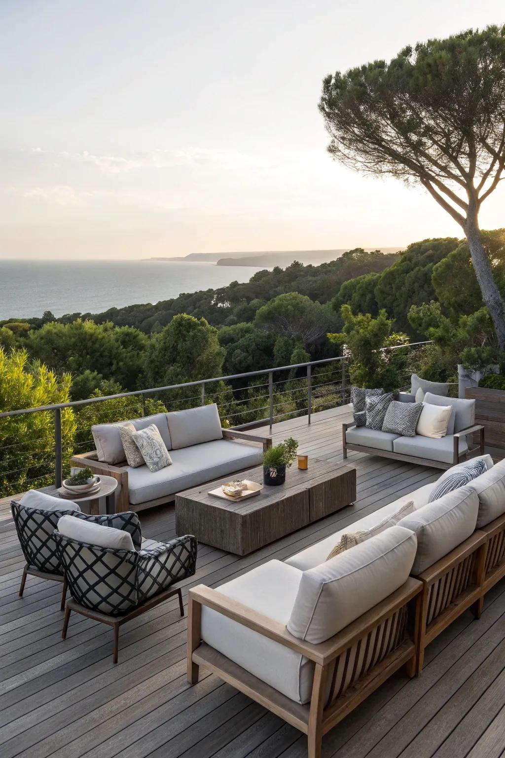 A deck designed as a cozy outdoor living room.